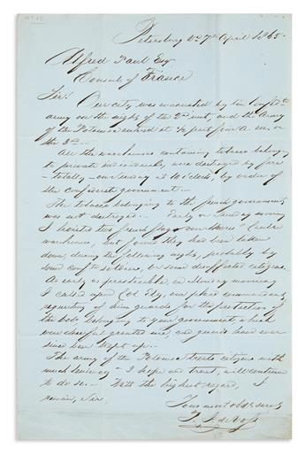 (CIVIL WAR--CONFEDERATE--DIPLOMACY.) De Voss, P.J. Letter describing the fall and occupation of Petersburg for the French consul.
